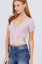 Load image into Gallery viewer, Short Puff Sleeve Surplice Neckline W/side Button Detail Rib Knit Top
