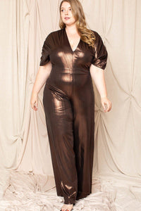 Metallic Ribbed Drop Shoulder Plus Size Jumpsuit