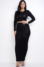 Load image into Gallery viewer, Solid Heavy Rayon Spandex Long Sleeve Cropped Top And Ruched Maxi Skirt Two Piece Set
