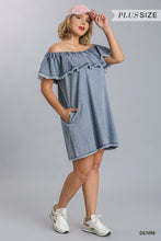 Cargar imagen en el visor de la galería, Off Shoulder Ruffled Denim Dress With Frayed Hem &amp; Pockets
