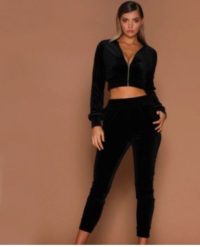 High Quality Zipper Fashion Sexy Ladies Girls Short Coat Crop Jacket Streetwear Long Pants Set Women Sport Casual Velvet Suits